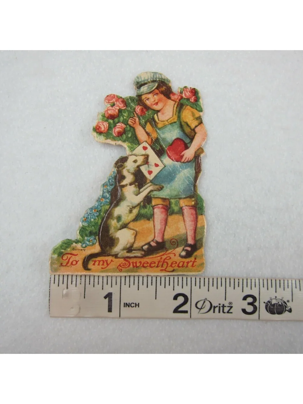 Vintage Valentine Die Cut Stand Up Boy & Dog Heart Rose Bush 1920s-30s Germany